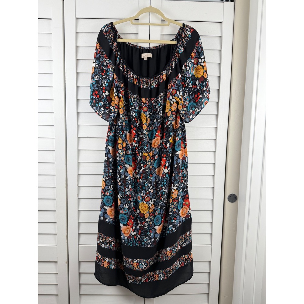 LOFT Floral Chiffon Midi Dress XL Black Multi Short Sleeve Elastic Waist